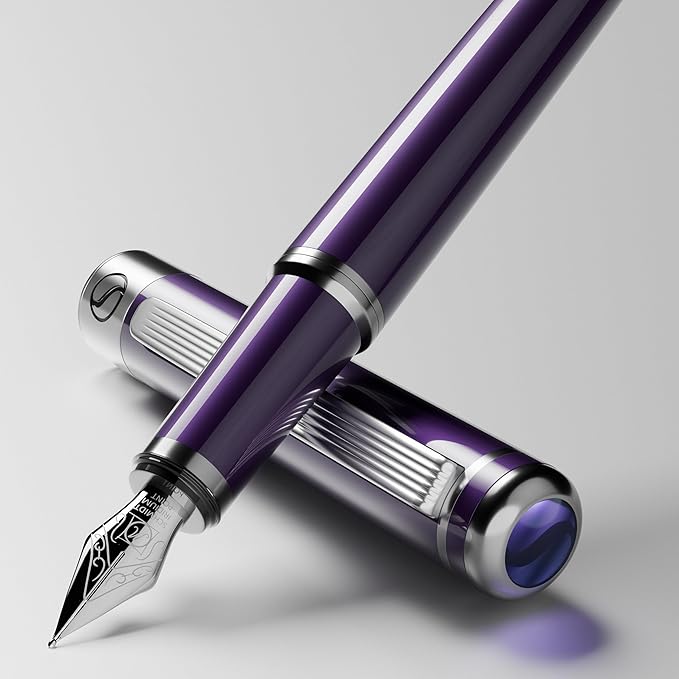 Scriveiner Luxury Fountain Pen - Aubergine, Schmidt Gilded Nib (Medium), Converter, Best Pen Gift Set for Men & Women, Professional, Executive, Office, Nice Pens