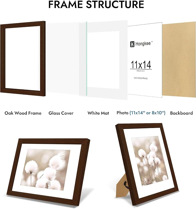 Hongkee 11x14 Oak Wood Picture Frame, Display Photos 8 x 10 with Mat or 11 x 14 without Mat - Tempered Glass Cover, Horizontal and Vertical Display for Wall or Tabletop (Walnut, Set of 1)