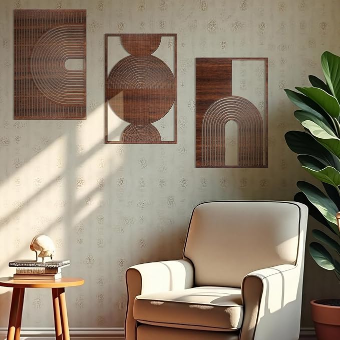 Yerliker 3 Pcs Mid Century Modern Wood Wall Art Decorations 3D Geometric Abstract Wall Sculpture for Living Room Bedroom Office Minimalist Aesthetic(Mid-century,15.75 x 15.75 x 1.97 Inch)