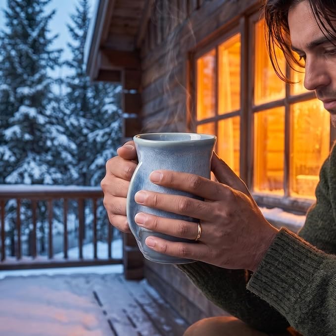 Hand Warmer Mug, Ceramic and Hand Painted - Contoured Pocket will Hold Warmth From The Heat Of Your Drink - Keep Your Fingers Warm, Comfy Handwarmer Gift, Winter Stocking Stuffer Gifts - Right Handed
