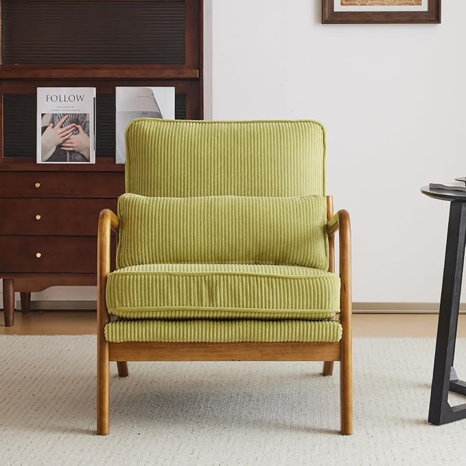 Karl home Mid-Century Modern Accent Reading Chair, Green | Corduroy Upholstered, Solid Wood Frame, Soft Cushion, Lumbar Pillow, Lounge Armchair for Living Room, Bedroom, Balcony, Study