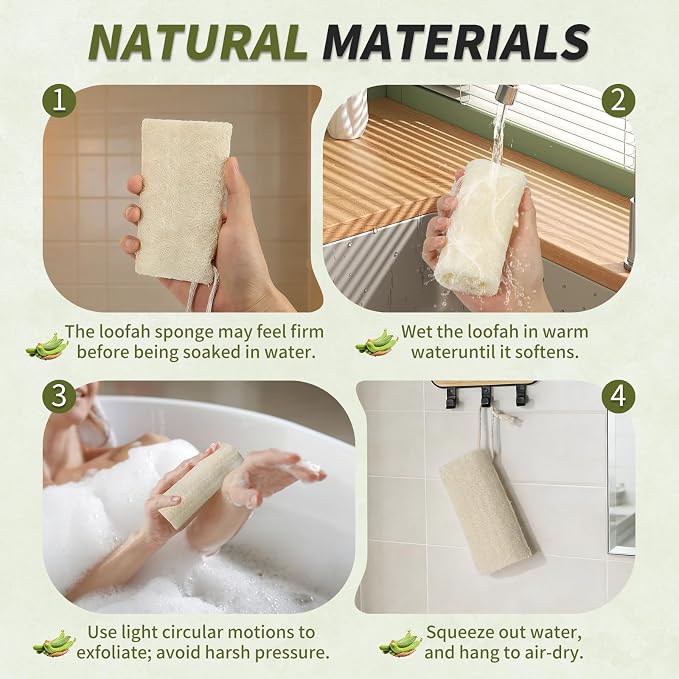 DEBETOOL 4 Piece Natural Loofah Back Scrubber with Face Scrubber Pad for Shower - Exfoliating Loofah for Women and Men Glowing Skin