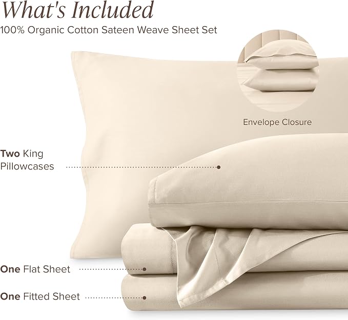 Bare Home 100% Organic Cotton Split Head Flex King Sheet Set - 400 Thread Count - Smooth Sateen Weave - Breathable & Cooling - Hotel Luxury Set - Deep Pocket Bed Sheets (Split Head Flex King, Sand)