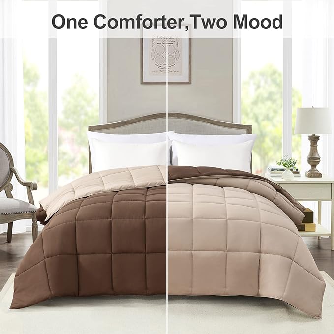 Homelike Moment Comforters Queen Size - Brown Duvet Insert Down Alternative Bed Queen Comforter, Lightweight Bedding Comforters Full Size Quilted Soft All Season Reversible Chocolate Brown/Beige