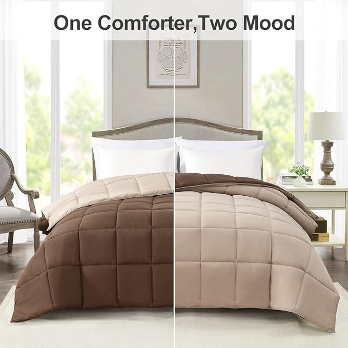 Homelike Moment Oversized Queen Comforter - Brown Duvet Insert Down Alternative Bed Comforter, Lightweight Bedding Comforters Oversize Queen Quilted Soft All Season Reversible Chocolate Brown/Beige