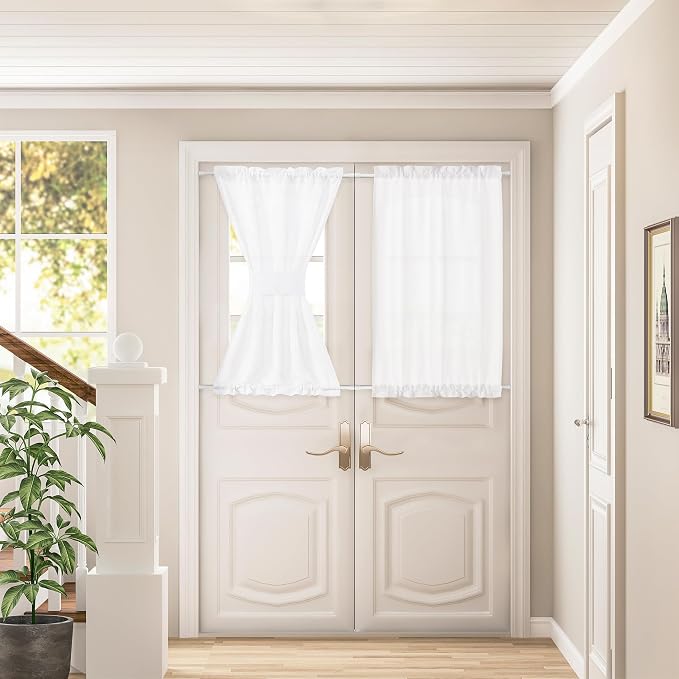 White Door Curtains 40 Inches Long Semi Sheer Linen Drapes 2 Panels for Kitchen Window Front Glass Tieback Sidelight Drapes Light Filtering Privacy French Door Curtains 2 Panels W35xL40