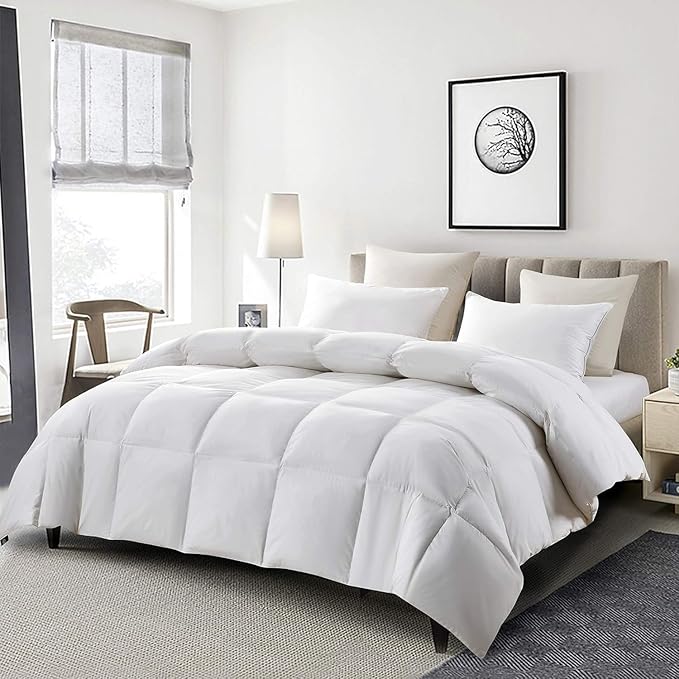 Serta Goose Feather Down Fiber Comforter Twin Size - 100% Cotton Cover Duvet Insert - Hotel Luxury Hypoallergenic Bedding Comforter Light Warmth 68 x 90 Inch White