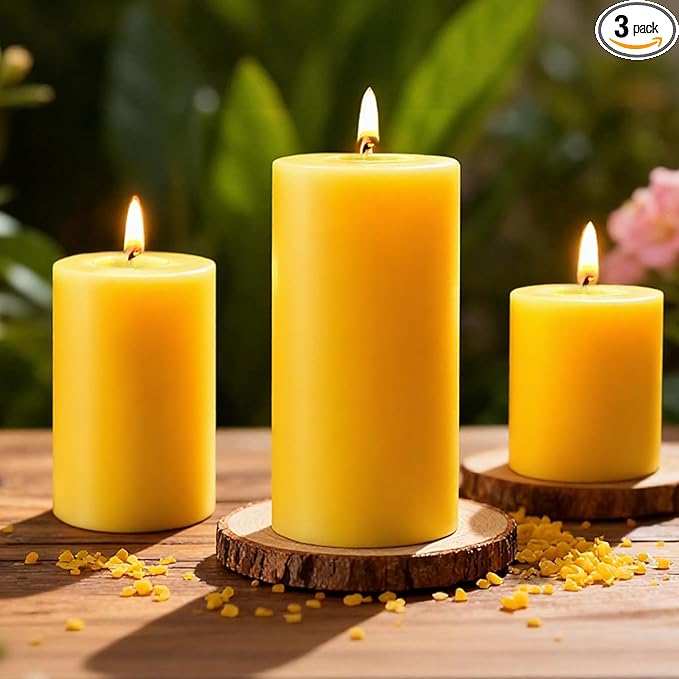 3 Pack Natural Beeswax Pillar Candles,Long Burning Unscented Pure Beeswax Candles Set,Smokeless Dripless Organic Pillar Candles Bulk for Home Decor,Prayer,Emergency,2x2in,2x3in,2x4in