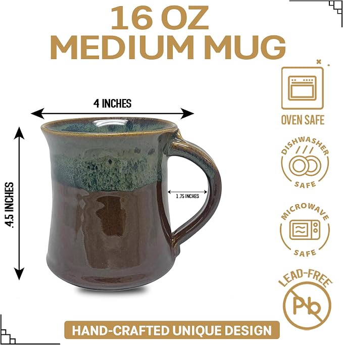 Clay in Motion Handmade Ceramic Mug 16 oz, Medium Coffee Mug, Hand Painted Stoneware, Dishwasher Microwave & Oven Safe, Lead-Free, Made in USA Since 1981 (Mocha)
