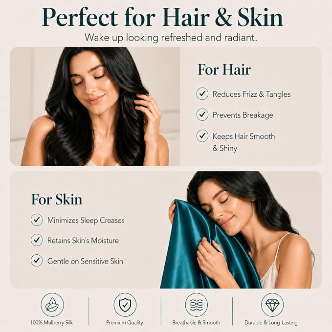 USA Made 100% Silk Pillowcase Peacock, Certified 6A Grade 22 Momme Mulberry Silk Pillow Case for Women Hair and Skin Protection, Anti Face Wrinkle, 1 Pc 20"x26" (Standard, Peacock Blue)