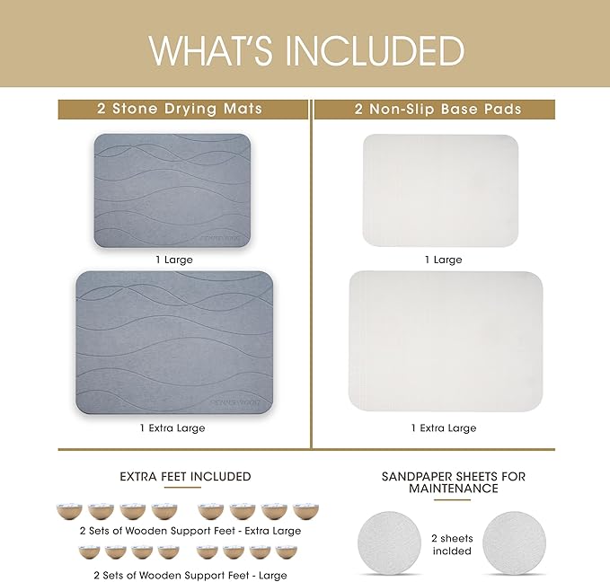 Stone Dish Drying Mat for Kitchen Counter, 2 Pack Large Stone Drying Mats (24"x16" + 16"x12"), Ultra Absorbent Diatomaceous Earth Kitchen Counter Drying Mat, Quick Dry, Non Slip