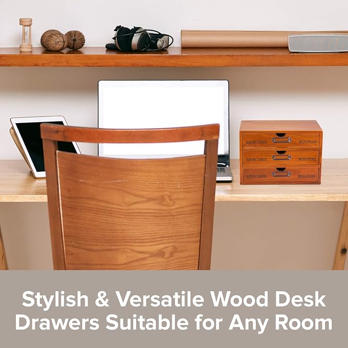Vintage 3-Drawer Organizer for Desk - Wooden Box with 3 Storage Drawers - Solid Wood Table Top Filing Cabinet for Organization and Storage - Paper Organizer - Rustic Desk Organizers and Accessories