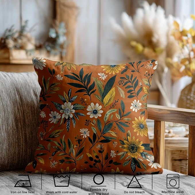 Shrahala Natural Aesthetic Organic Decorative Throw Pillow Cover, Free Form Flowers Earthy Color Square Pillowcase Blended Double-Sided No Inserts for Bedroom Living Room Set of 2 (24 X 24 in)