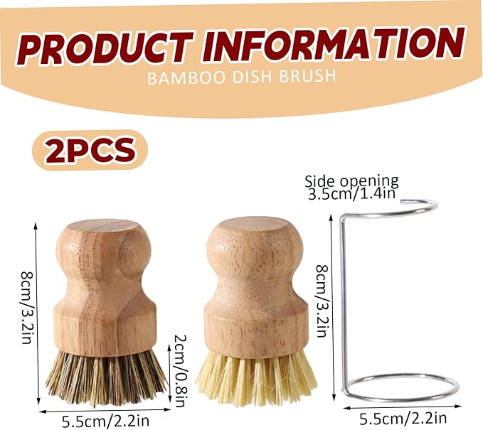 Bamboo Dish Brush, 2Pcs Bamboo Dish Brushes Natural Scrubber with 2 Drainage Racks Wooden Dishwashing Brush for Washing Dishes, Pots, Pans and Sink