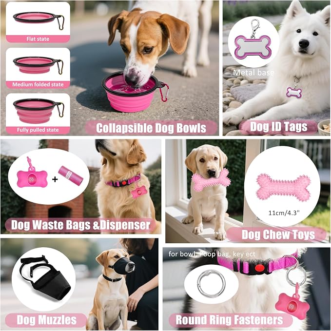 No Pull Dog Harness Adjustable Collar & Leash Set - Dog Halter Harnesses Collapsible Bowls & Poop Bag Dispenser Muzzle ID Tags Toys Fits Small Medium Large Dogs (Pink-XL)