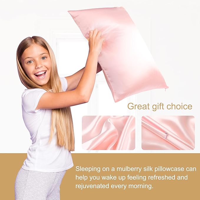uxcell 1 Pack 100% Charmeuse Pure Silk Pillowcase for Hair and Skin, 350TC 19 Momme Soft Breathable Pillow Case with Hidden Zipper, Pink Silk Pillowcase Travel (14x20inch)