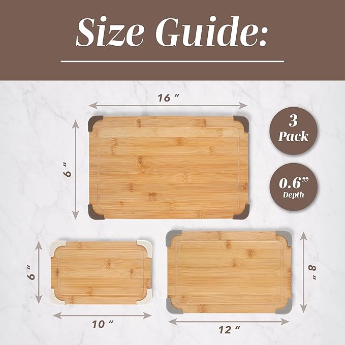 COOK WITH COLOR Non-Slip Cutting Board Set – Kitchen Essentials with Easy Grip Handle for Meat, Veggies, and Fruits, 3 Cutting Boards, Bamboo Non-Slip Brown