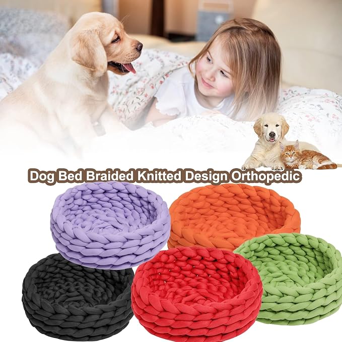 Woven Dog Bed Basket, Knitted Cotton Cat Bed Round Washable Woven Cat Pet Bed Chunky Dog Basket, Orthopedic, Chunky Knit Dog Nest,Dog Bed,Dog Cave,Dog Bedding(Green,23")