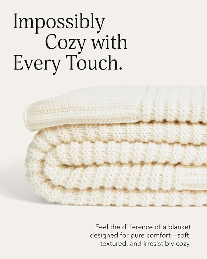 UnHide Melange Knit Blanket - 60" x 80" Textured & Ultra-Soft Wool Throw - Timeless & Breathable Knitted Blanket for Bedroom & Living Room - Snow White