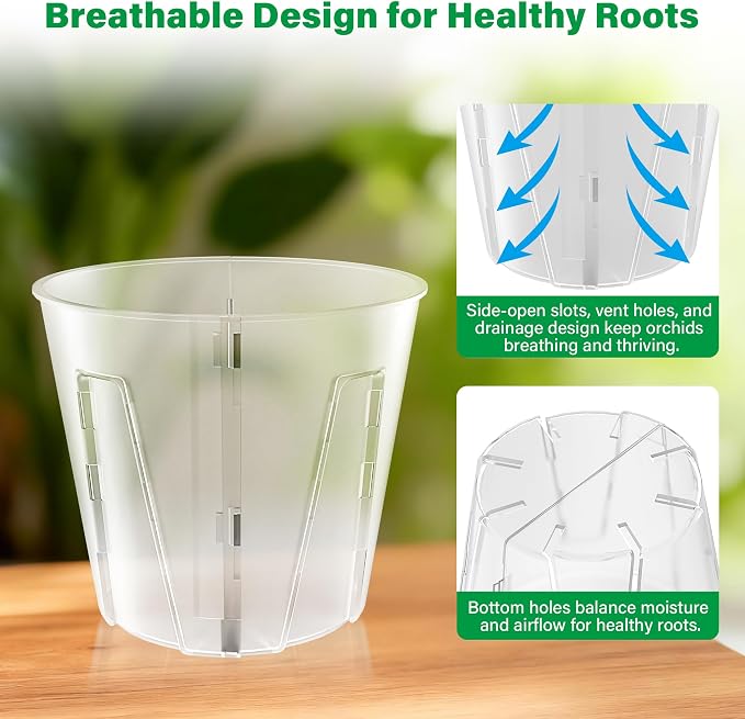 Bluepro 5 Inch Side-Open Orchid Pots 6 Pack, Plastic Nursery Planters with Detachable Side Walls for Easy Repotting, Breathable Slotted Flower Pots with Drainage for Root Health