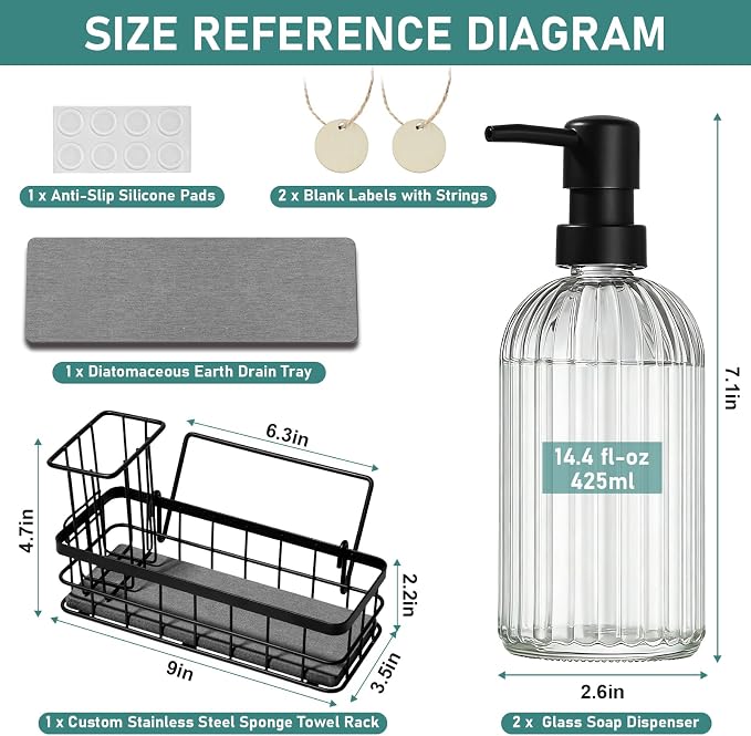 Hand and Dish Soap Dispenser Set, 14.4 oz/425 ml Dish Soap Dispenser, Dish Soap Dispenser with Sponge Holder & Diatomite Tray, for Countertop Organizer