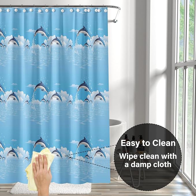 Plastic Shower Liner - Premium PEVA 6G Shower Curtain Liner with Rustproof Grommets and 3 Weighted Magnets, Waterproof Shower Curtain for Bathroom(Blue Dolphin, 72”*72”)