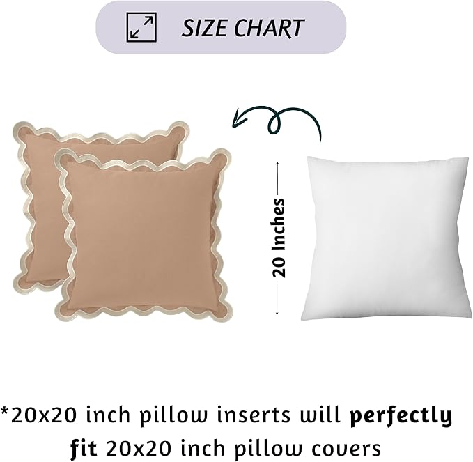 Folkulture Throw Pillow Covers | (20 x 20) Set of 2 Cotton Scalloped Design | Cute Decorative Pillows | Outdoor Boho Aesthetic Decor for Couch | Brown Covers, Couch Pillows for Living Room
