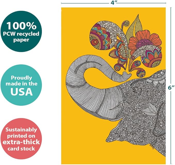 Tree-Free Greetings Elephant and Giraffe All Occasion Cards - 16 Recycled 4x6 Cards & White Envelopes, Thick Cardstock, Made in USA - Happy Artful Animals