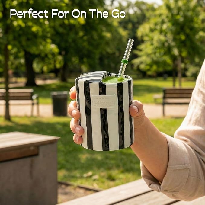 Ceramic Coffee Mug with Half Lid, 12oz To Go Coffee Mug, Handcrafted Striped Glazed Ceramic Coffee Mug with Dual Sip Lid for Hot and Cold Drinks, Black