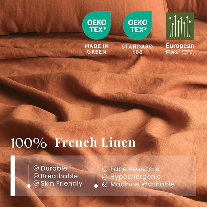 S VICTORY SYMBOL 100% Organic Linen Duvet Cover Set Queen,Natural French Linen Bedding Set with Stone Washed 3pcs,1 Comforter Cover and 2 Pillowcase(Caramel) Soft,Breathable