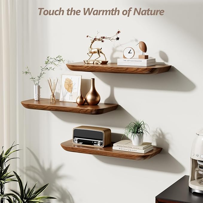Solid Walnut Floating Shelves for Wall 16.5 Inch Set of 2, Round Edge Wall Mounted Shelf,Rustic Farmhouse Wooden Floating Shelf,Wood Wall Shelf for Bathroom Living Room,Bedroom,Kitchen