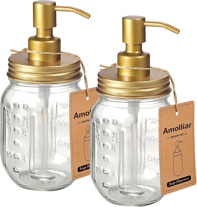 Amolliar Mason Jar Liquid Soap Dispenser -Rustproof Stainless Steel Farmhouse Decor for Bathroom Vanities,Kitchen Sink/ Liquid Soap Pumps for Hand Soap,Dish Soap,Lotions/Golden -2 Pack