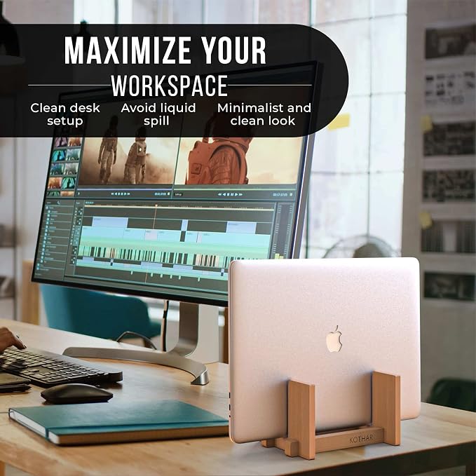 Kothar Wooden Vertical Laptop Stand for Desk, Vertical Laptop Holder, Bamboo, Desktop Dock for Apple MacBook, Microsoft Surface, iPad, Tablets and More