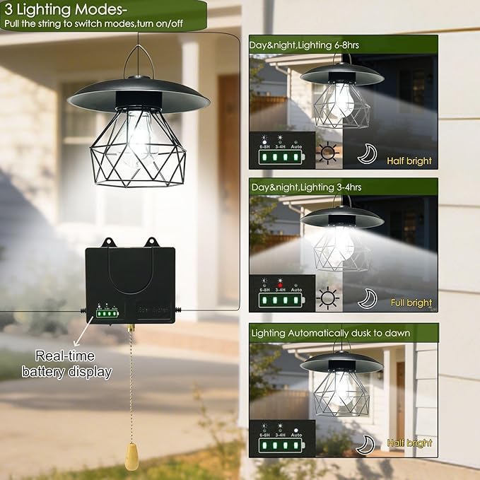 HULPPRE 3000lm Solar Shed Light Indoor Outdoor with Pull String, Daytime or Night,Dusk to Dawn,Classic Design with Metal Made,IP65 Waterproof,3 Modes,for Barn,Chicken Coop,Patio,Garden,Yard,Gazebo