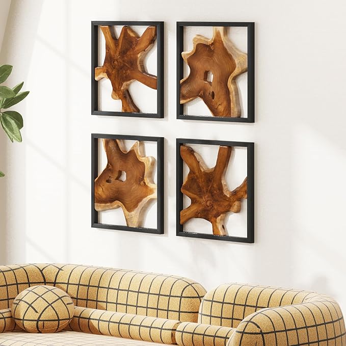 JOLLYMER 2 Pack Live Edge Teak Wood Wall Decor, Rustic Wooden Wall Art, Handcrafted Home Decoration for Living Room Bedroom Office, 17"x17" Black Frame