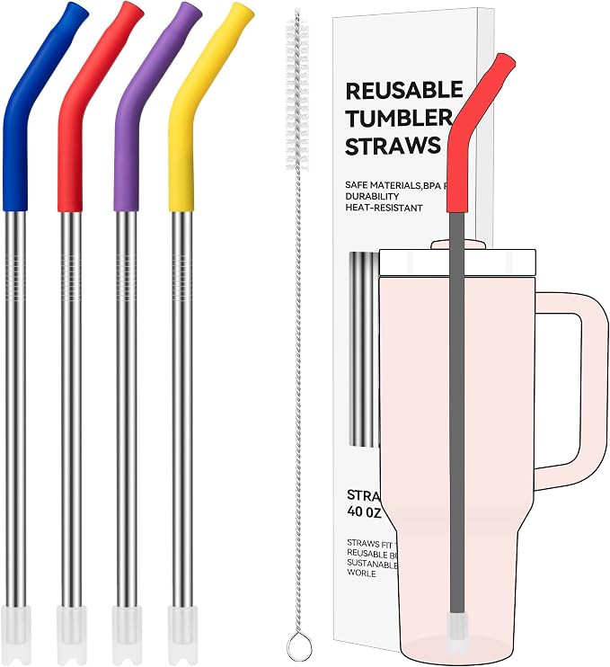 40 oz Straight Metal Straws for 40 oz Stanley Tumbler | 6 Pcs Stainless Steel Reusable Drinking Metal Straw with Colourful Silicone Tips,Straw for Glass Cups, BPA FREE