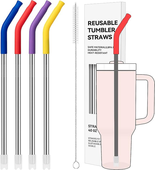 40 oz Straight Metal Straws for 40 oz Stanley Tumbler | 6 Pcs Stainless Steel Reusable Drinking Metal Straw with Colourful Silicone Tips,Straw for Glass Cups, BPA FREE