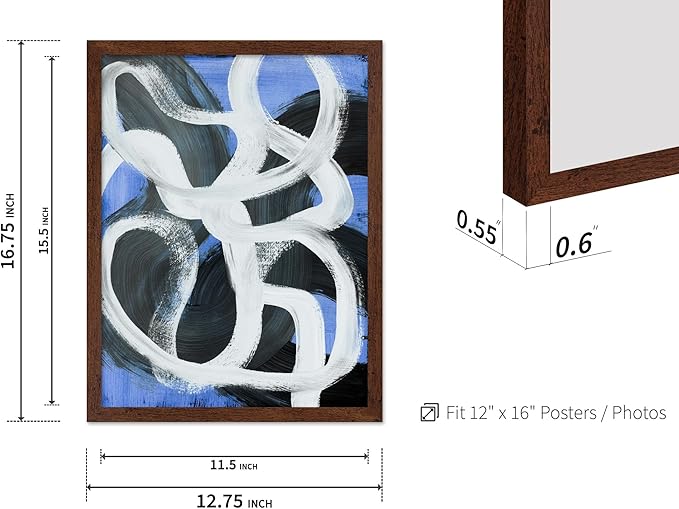 Monem Art Bold Blue Brushstroke Abstract Print - Modern Textured Line Art Poster - Wall Decor for Living Room, Bedroom or Office - 12x16 Brown Framed Wall Art by Mareike Bohmer