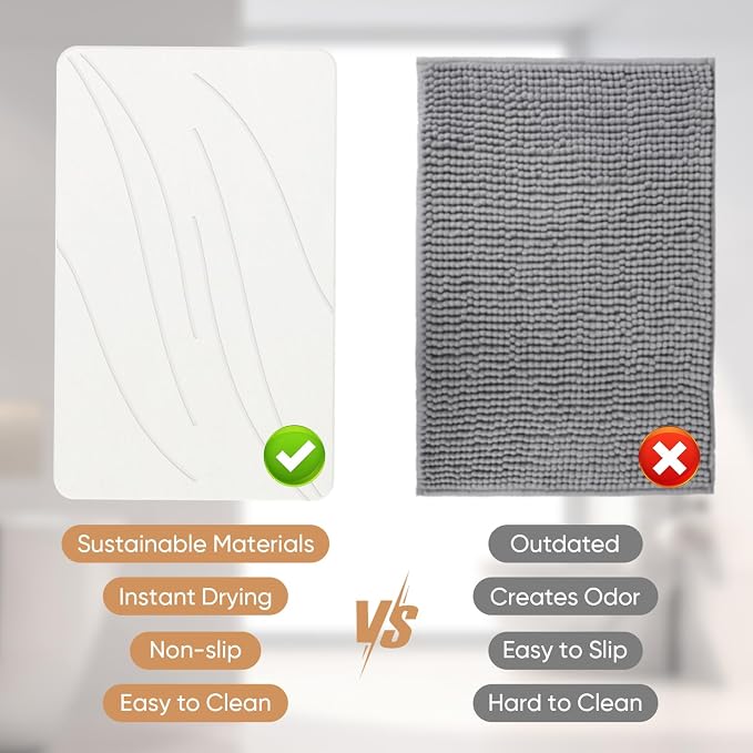 Jiloma Stone Bath Mat Diatomaceous Earth Shower Mat Non-Slip Super Absorbent Bathroom Floor Mat Quick Drying Natural Easy to Clean(24 * 16 White)