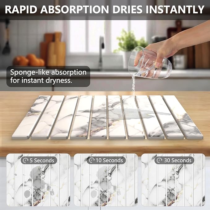 Large Stone Dish Drying Mat for Kitchen, Collapsible Diatomaceous Earth Drying Pad, Ultra Absorbent Instant Dry Kitchen Countertop Mat for Dishes, Bottles & Cups, Space-Saving, Fits Any Décor, 24"×16"