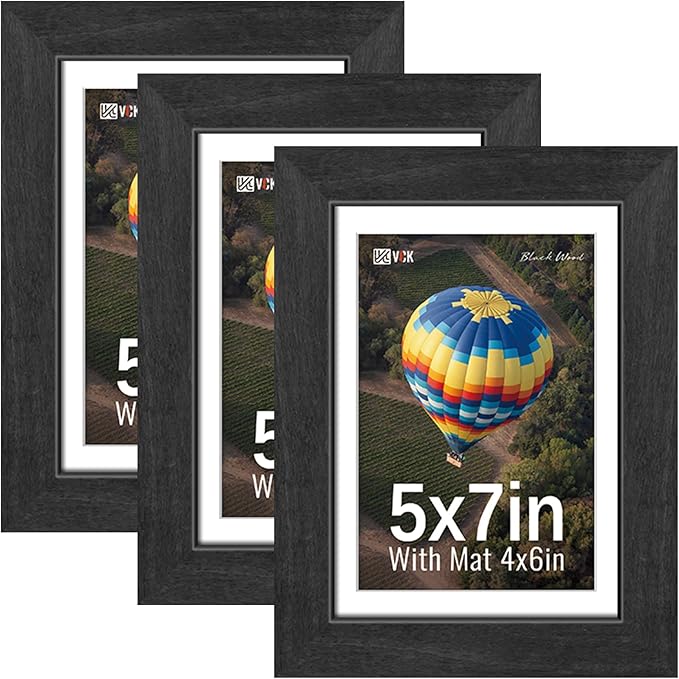 VCK 5x7 Picture Frame Black 3 Pack, Wide Border Solid Wood, Tempered Glass, Display 4x6 Photo with Mat or 5 x 7 without, for Home, Office, Gallery, Woodgrain Series, Tabletop & Wall Hanging