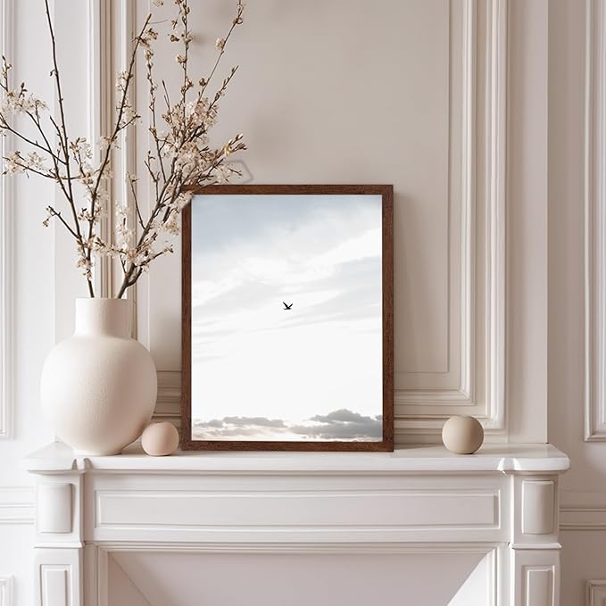 Monem Art Minimalist Bird in Sky Photography Print - Moody Nordic Landscape Art Poster - Wall Decor for Living Room, Bedroom or Office - 12x16 Brown Framed Wall Art by Mareike Bohmer