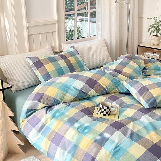 FACE TWO FACE Bedding Duvet Cover Set100% Washed Cotton Duvet Cover Linen Like Textured Breathable Durable Soft Comfy (Queen, Yunxi Blue)