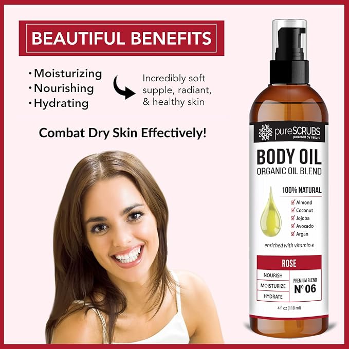 pureSCRUBS Ultra Moisturizing Rose Body Oil for Dry Skin, 4 oz | Luxurious After Shower Body Oil for Soft, Silky, Glowing Skin, Non-Greasy, Fast Absorbing & Hydrating Formula with Vitamin E
