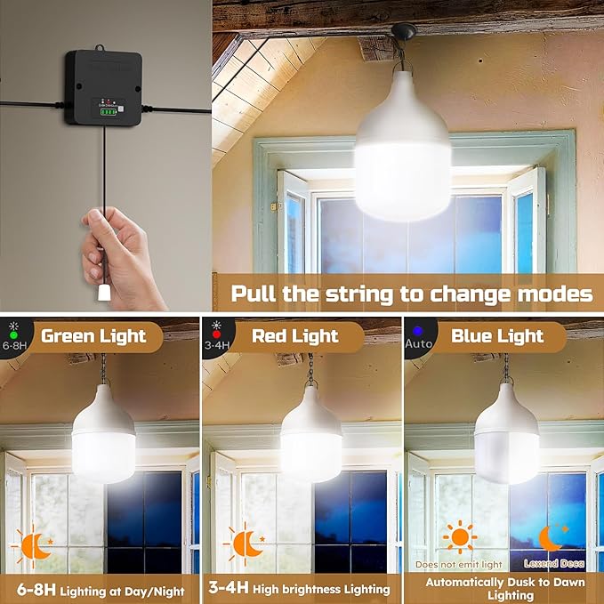 Solar Shed Light Indoor Outdoor, 2200LM Pendant Light Daytime Available with Pull String, Dusk to Dawn Solar Indoor Lights, 3 Lighting Modes, IP65 Waterproof for Barn, Gazebo, Shop, Garage