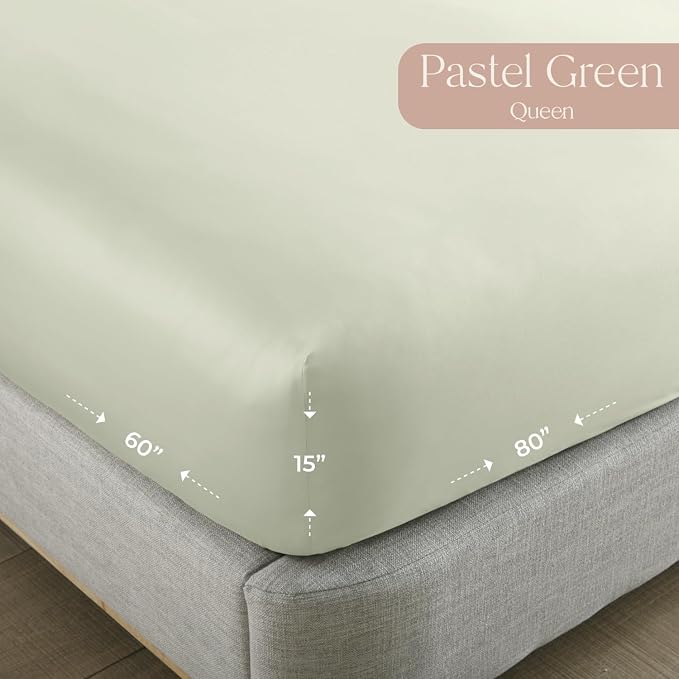 Organic Queen Fitted Sheet Only Deep Pocket - 100% Organic Cotton Sheets with Breathable 300 Thread Count Sateen Weave GOTS & Fairtrade Certified - Soft Fitted Bed Sheets Only (Pastel Green, Queen)
