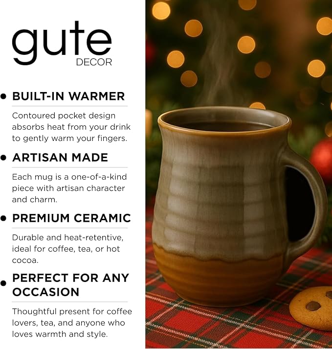 Hand Warmer Mug, Ceramic Pottery and Hand Painted & Colored - Contoured Pocket, Hold Warmth From The Heat Of Your Drink - Keep Your Fingers Warm, Comfy Handwarmer Gift, Winter Gifts - Right Handed
