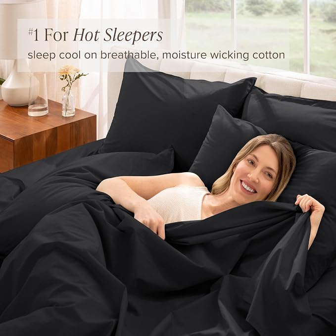 Bare Home 100% Organic Cotton Queen Sheet Set - Crisp Percale Weave - Lightweight & Breathable - Bedding Sheets & Pillowcases (Queen, Black)