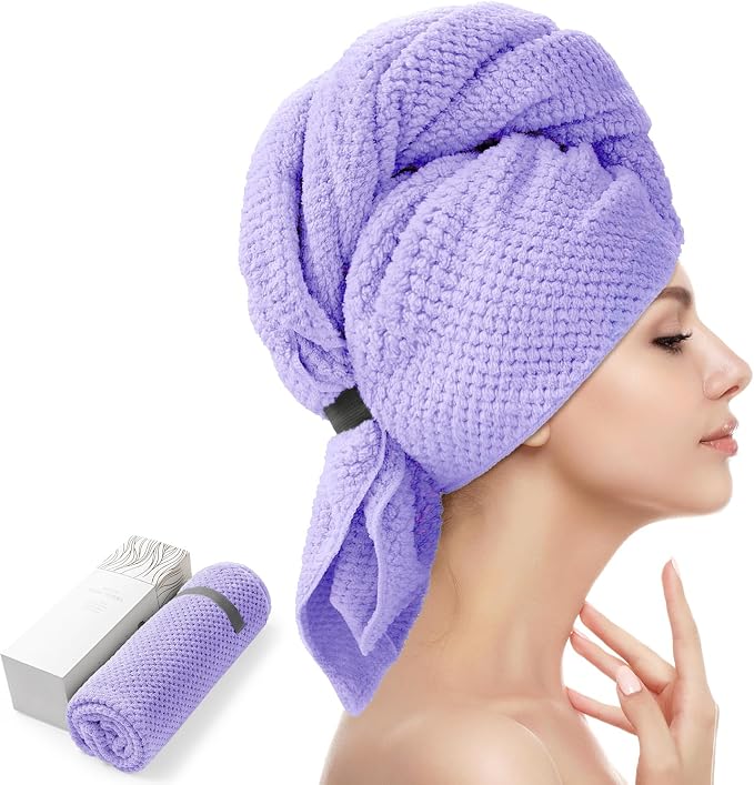 YFONG X-Large Hair Towel Wrap for Women, Super Absorbent Microfiber Hair Towel for Curly Hair, Fast Drying Hair Turbans with Elastic,Hair Drying Towel Wrap for Hair Care 30" X 40" (Purple)