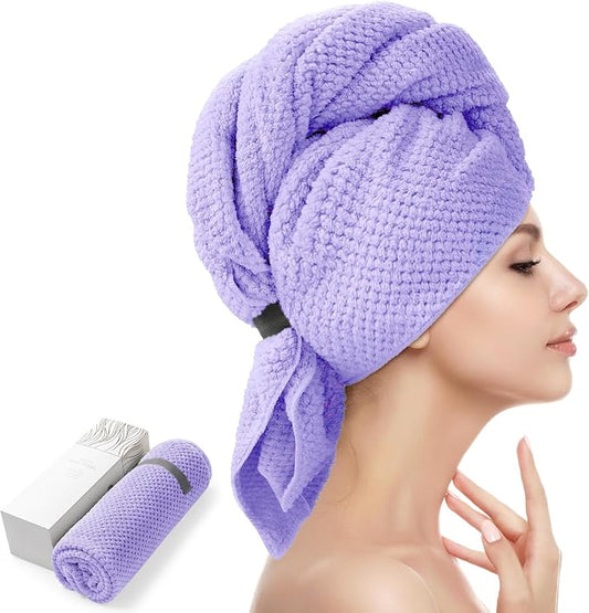 YFONG X-Large Hair Towel Wrap for Women, Super Absorbent Microfiber Hair Towel for Curly Hair, Fast Drying Hair Turbans with Elastic,Hair Drying Towel Wrap for Hair Care 30" X 40" (Purple)